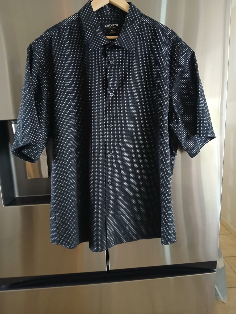 Claiborne Navy Short-Sleeve Button-Up with White Micro Dot Pattern